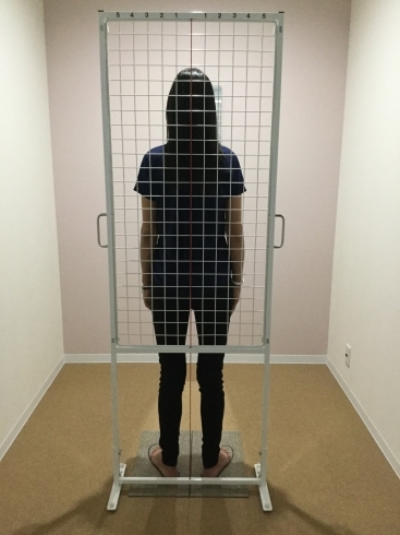 a person wearing a black t-shirt and black pants is standing behind a white fence that is the height of an adult person and a red cord is vertically aligned with the person's spinal column.